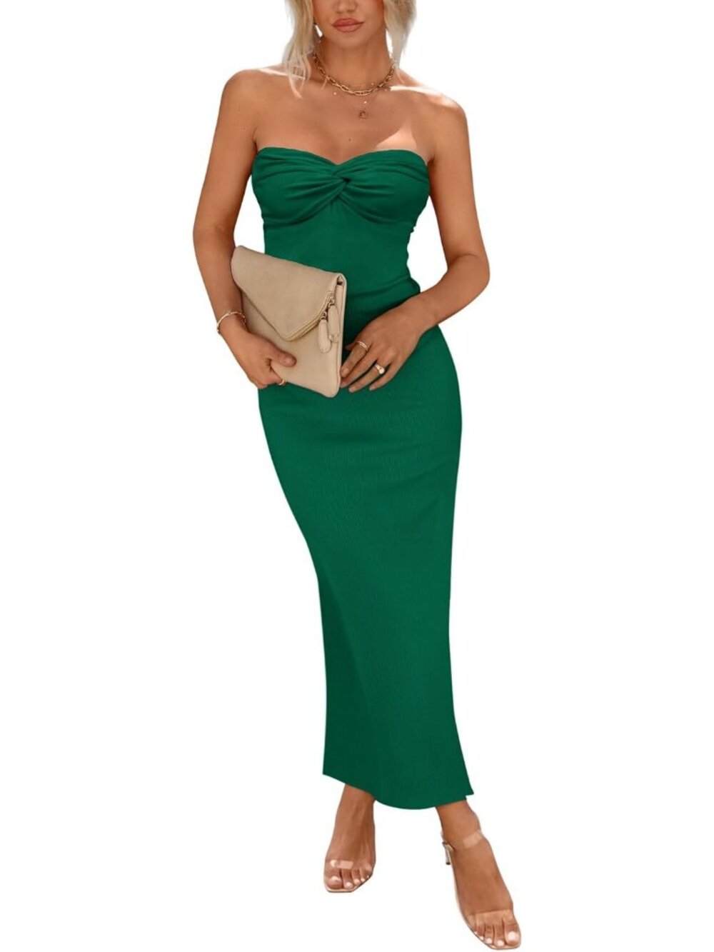 Women Green Strapless Tube Twist Front Ribbed Bodycon Cocktail Party Maxi Dress